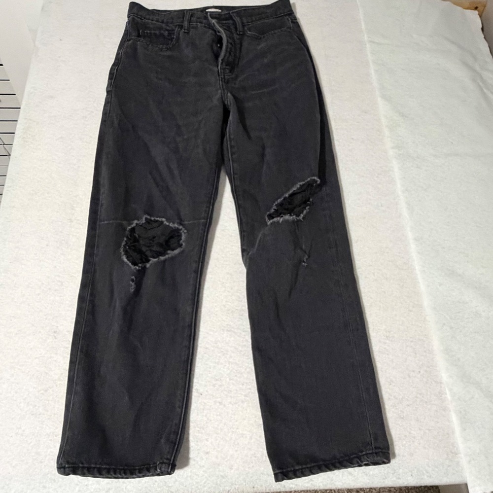 Old Navy Women High Rise Straight Leg Distressed Button Fly Jeans Washed Black 6